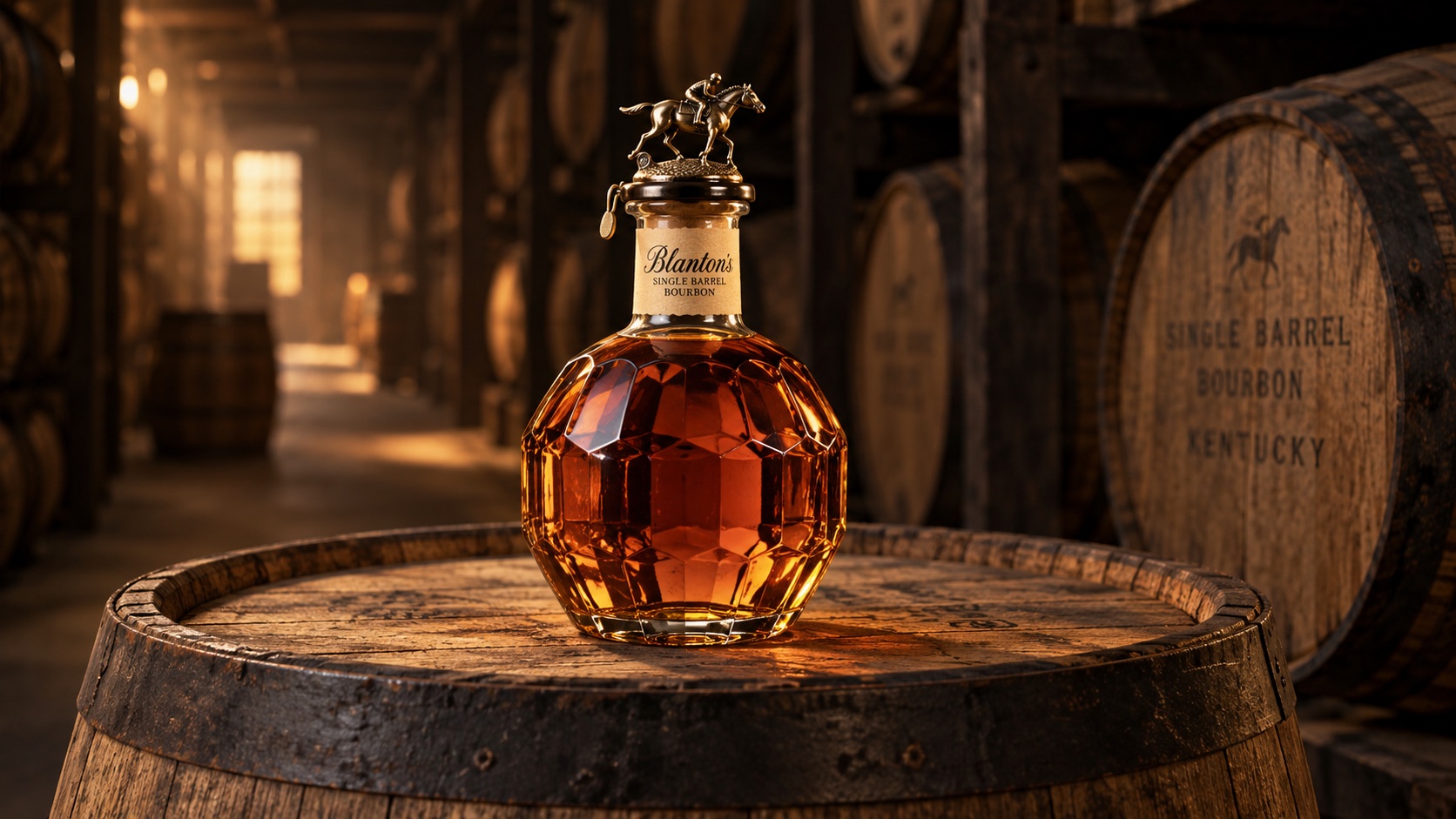 Blanton's style faceted bourbon bottle topped with a horse and jockey stopper