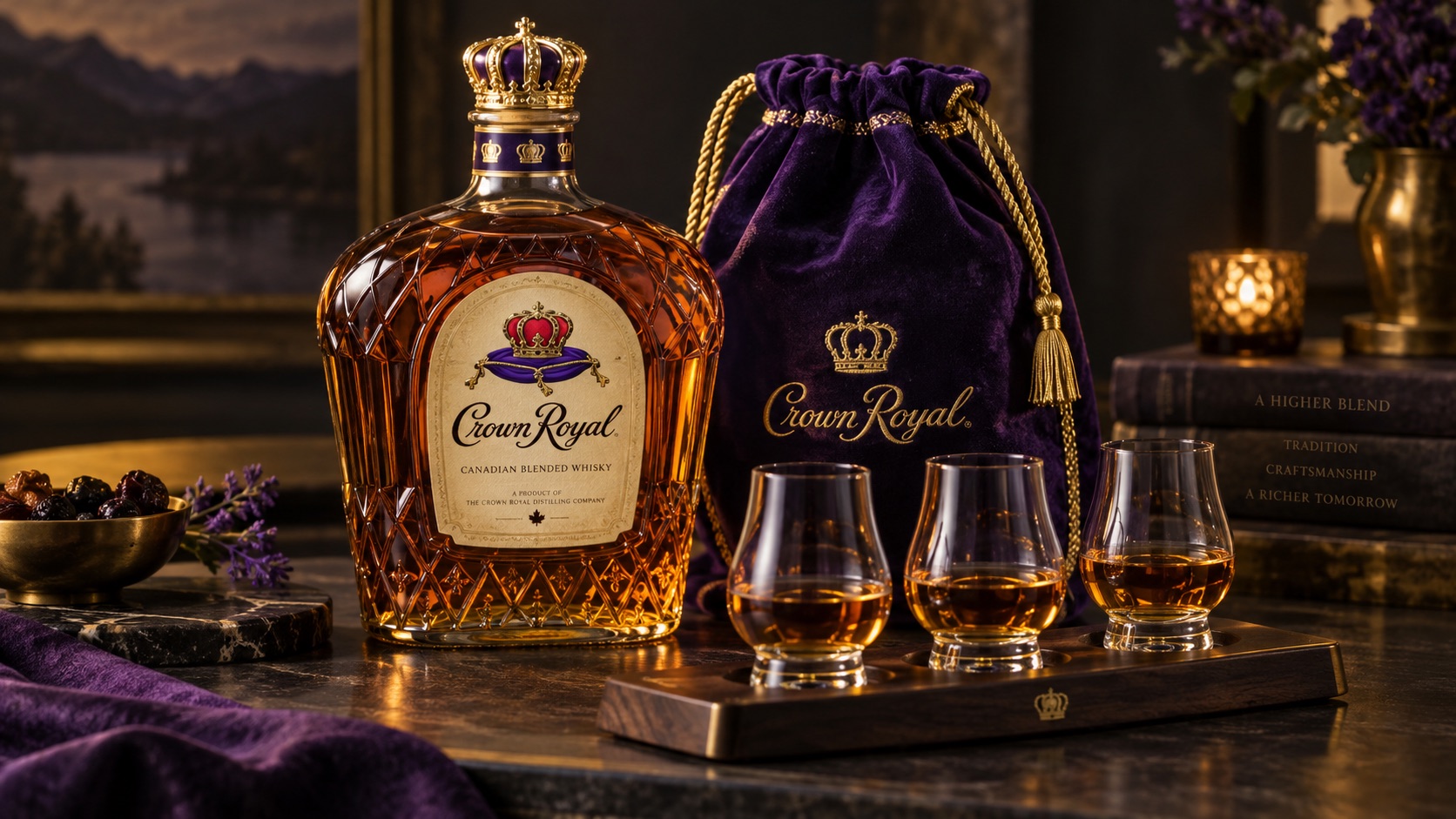 Crown Royal bottle beside its purple bag and three whisky tasting glasses